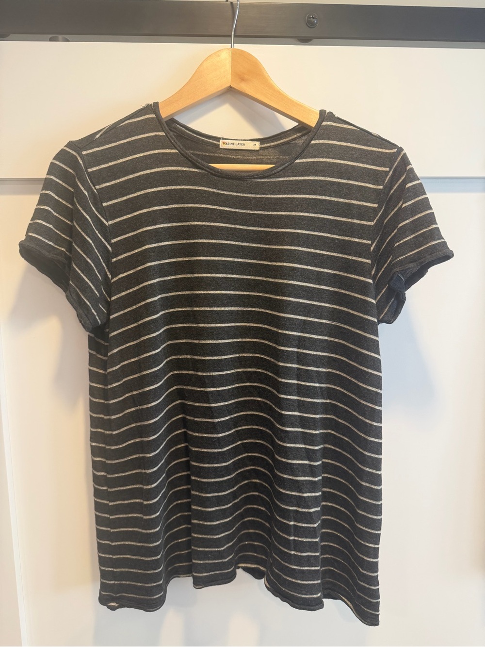 Marine Layer Charcoal and White Striped Short-Sleeve Crew Tee